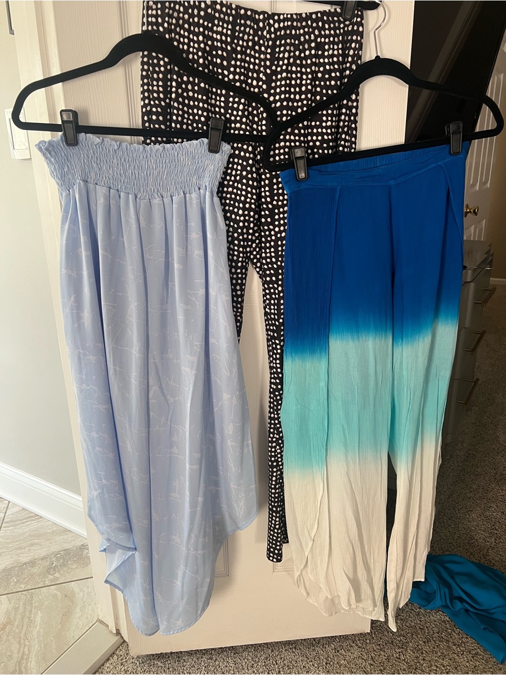 3-Pack price of 1. Maxi/Palazzo Pants - Light Blue, Black Polka Dot, Blue Ombré